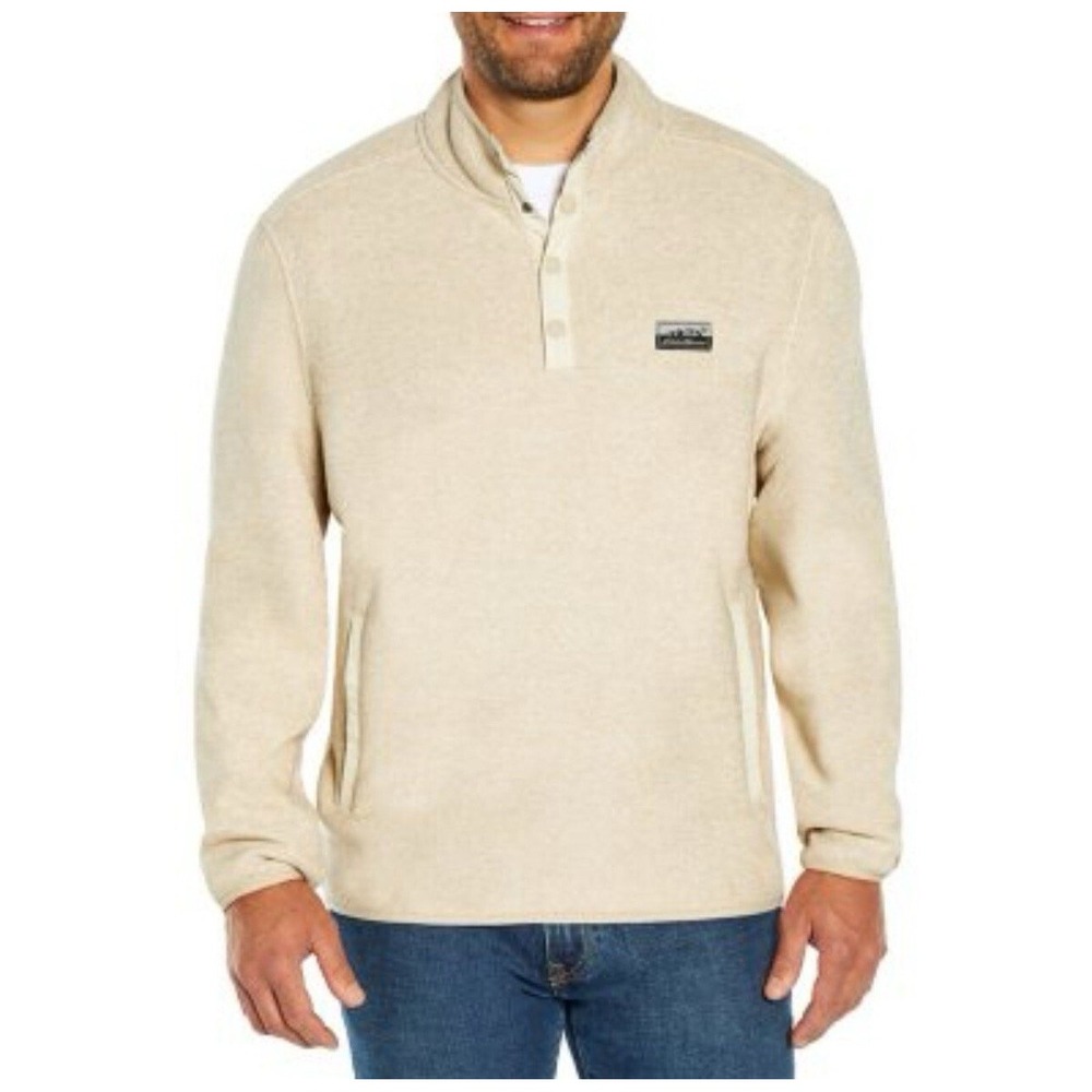 Eddie Bauer Fleece Pullover Mens Med Cream Sweater Knit Snap Mock Neck Pocket